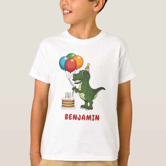 T-rex Dinosaur Colorful Balloons Birthday Namn T Shirt (Framsida)