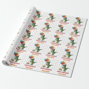 T-rex Dinosaur Colorful Birthday Balloons and Namn Presentpapper