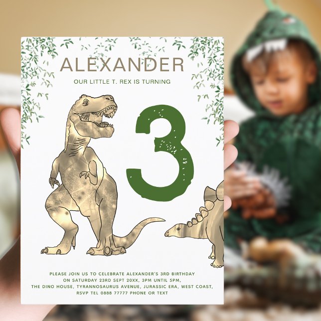 T-Rex Dinosaur Djungel 3-års Födelsedagsfest Budge Inbjudan Vykort (Boys dinosaur jungle modern 3rd birthday party budget invitation with T-Rex and stegosaurus dinos)