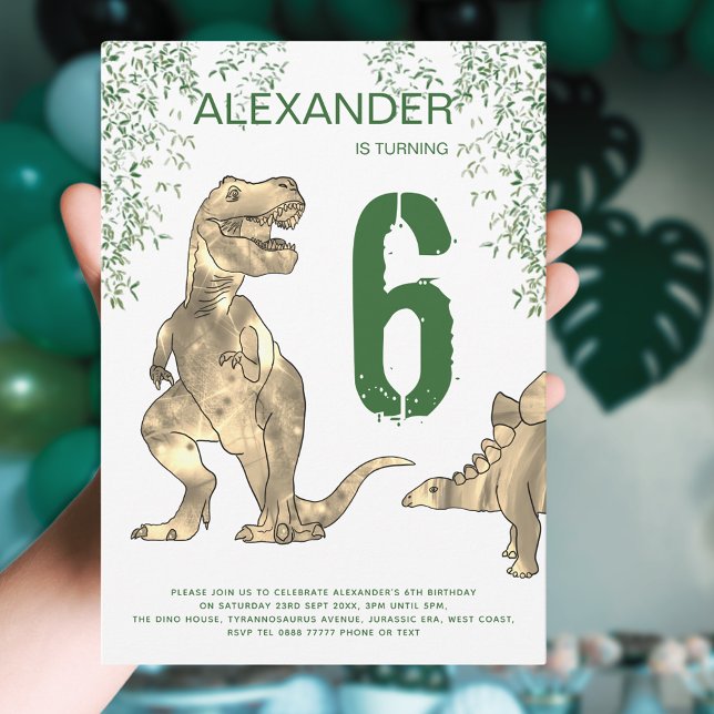 T-Rex Dinosaur Djungel 6-års Födelsedagsfest Inbjudningar (T-Rex and stegosaurus Dinosaur Jurassic jungle 6th birthday party invitation green and brown)