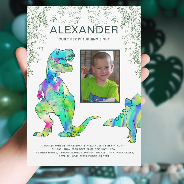 T-Rex Dinosaur Djungel Födelsedagsfest Inbjudningar (T-Rex dinosaur jungle photo template 8th birthday party invitation )
