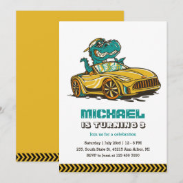 T-Rex Dinosaur Drive Gult Car Kids Boys Birthday Inbjudningar