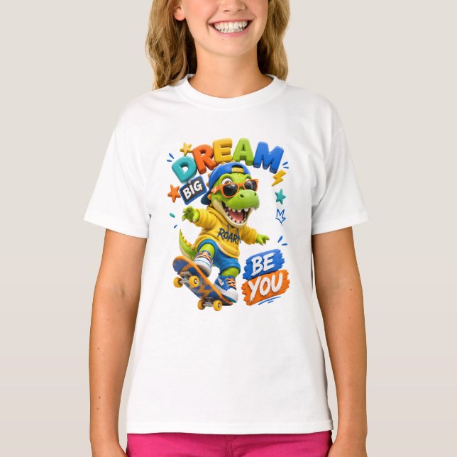 T-Rex Dinosaur Dröm Stort Barn T-Shirt (Framsida)