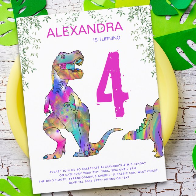 T Rex Dinosaur Flick kalas Inbjudan Vykort (T-Rex stegosaurus dinosaur girls 4th birthday party budget invitation postcard modern bright colors )