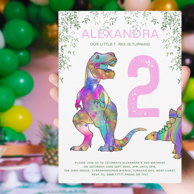 T-Rex Dinosaur Flick kalas Inbjudningar (T-Rex dinosaur girls 2nd birthday party with colorful tyrannosaurus and stegosaurus )