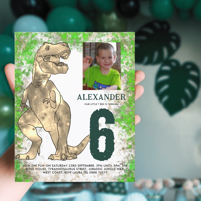T-Rex Dinosaur Födelsedagsfest Budget (T-Rex dinosaur 6th birthday party budget invitation with photo template and watercolor splash jungle)