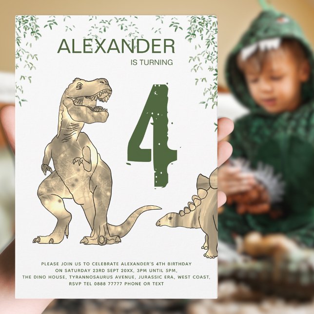 T-Rex Dinosaur Födelsedagsfest inbjudan (Dinosaur boy’s birthday party invitation T-Rex & Stegosaurus dino jungle & modern green typography)