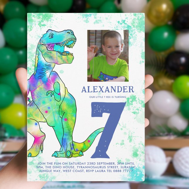 T-Rex Dinosaur Födelsedagsfest Inbjudningar (T-Rex Dinosaur 7th birthday party fun watercolor invitation with personalized photo)