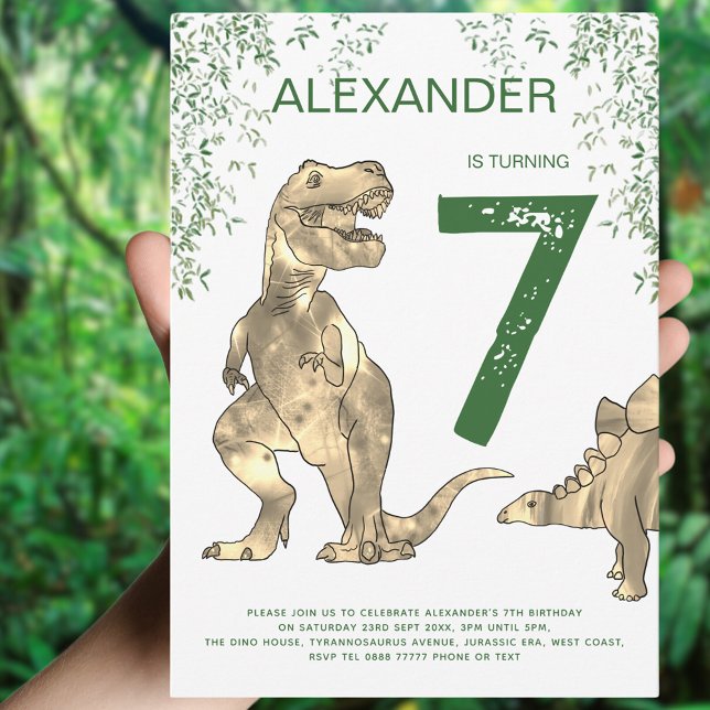 T-Rex Dinosaur Födelsedagsfest Inbjudningar (Dinosaur Jungle boy’s birthday party invitation with T-Rex and stegosaurus with foliage)