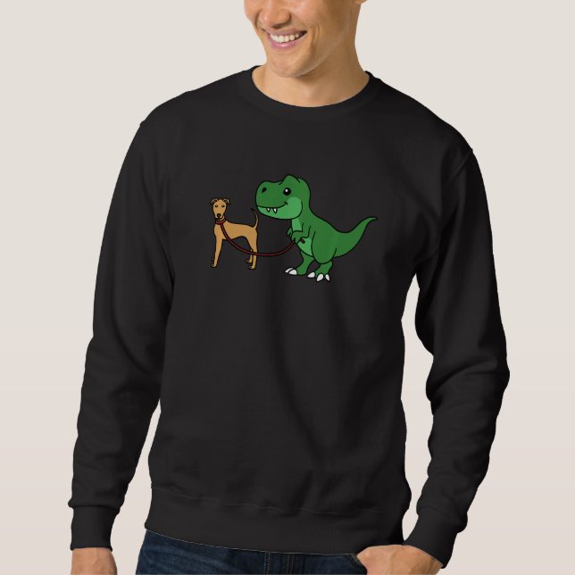 T Rex Dinosaur Går Rödbrun Hund Lång Ärmad Tröja (Framsida)