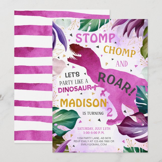 T Rex Dinosaur Girl Birthday Inbjudningar (Fram/baksida)