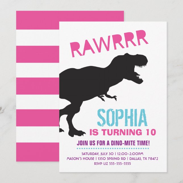 T Rex Dinosaur Girl Födelsedagsfest inbjudan (Fram/baksida)