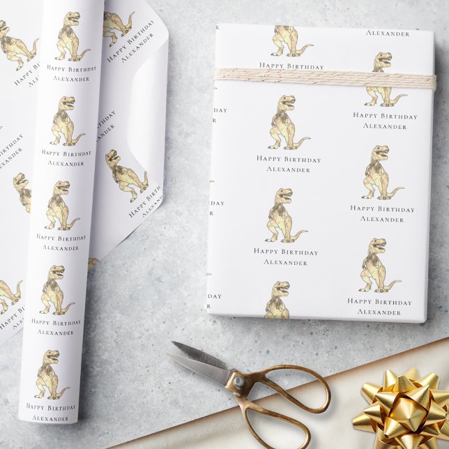 T-Rex Dinosaur Glad födelsedag Personlig Presentpapper (Dinosaur personalized boy name happy birthday gift wrapping paper modern fun Jurassic T-Rex dino)