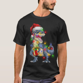 T Rex Dinosaur God jul Ljus Santa Hat T Shirt