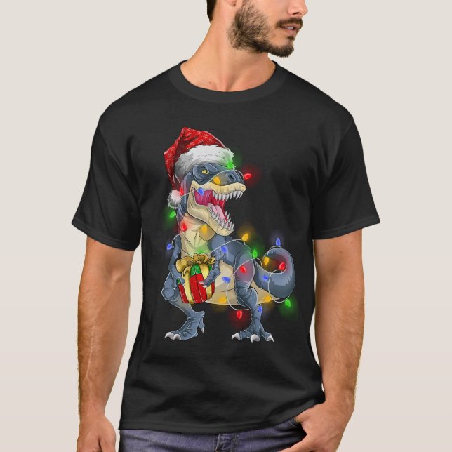 T Rex Dinosaur God jul Ljus Santa Hat T Shirt (Framsida)