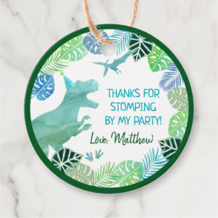 T-Rex Dinosaur Greenery Birthday Tack Gåvor Etiketter