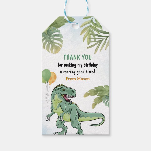 T-Rex Dinosaur Greenery Birthday Tack Gift Presentetikett (Framsidan)