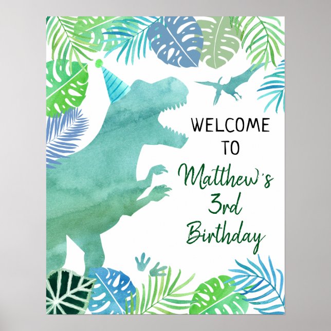 T-Rex Dinosaur Greenery Birthday Välkommen Poster (Framsidan)