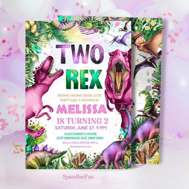 T-Rex dinosaur inbjudan Dinosauriefest födelsedag (Dinosaur TWO Rex Invitation, Girl Dinosaur Party,birthday invitation Dino,Tropical Two rex birthday,)