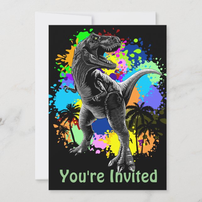 T-Rex Dinosaur Jurassic Reptile on Surreal Rainbow Inbjudningar (Framsida)