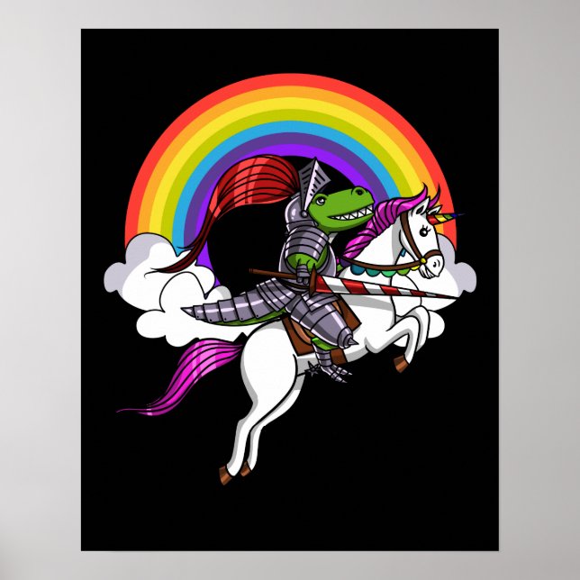 T-Rex Dinosaur Knight Riding Unicorn Rainbow Poster (Framsidan)