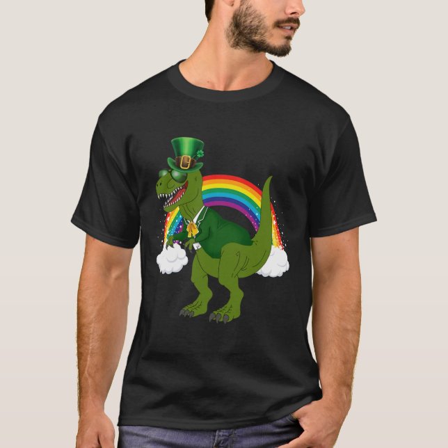 T-rex Dinosaur Leprechaun Regnbåge St Patricks Day T Shirt (Framsida)
