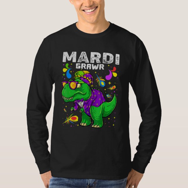 T Rex Dinosaur Mardi Gras Bead Costume Mardi Grawr T Shirt (Framsida)