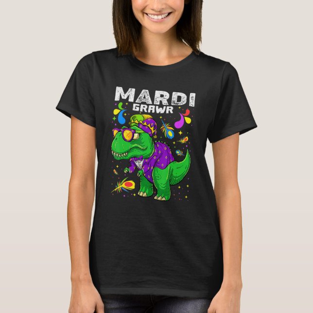 T Rex Dinosaur Mardi Gras Bead Costume Mardi Grawr T Shirt (Framsida)