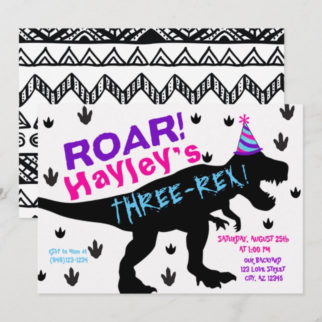 T-Rex Dinosaur med Party Hat Birthday-inbjudan Inbjudningar (Fram/baksida)