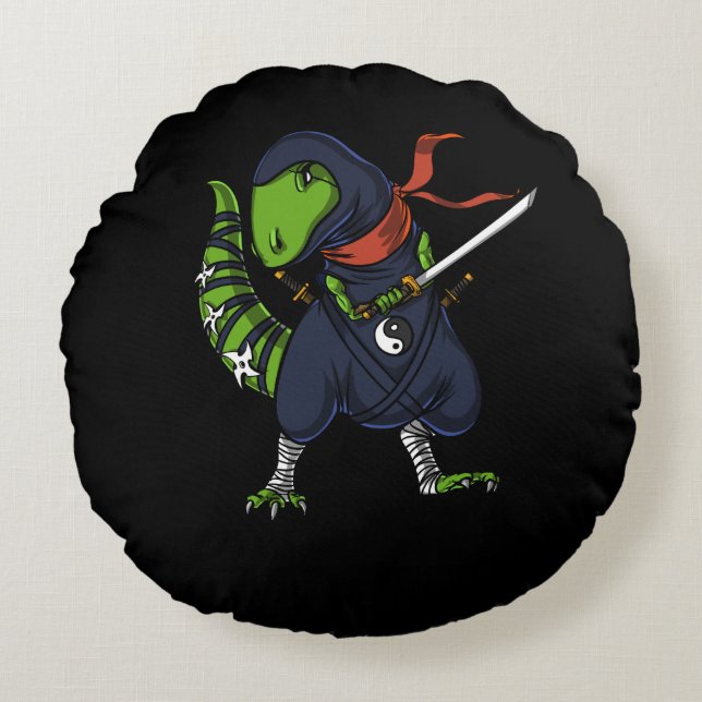T-Rex Dinosaur Ninja Samurai Warrior Rund Kudde (Framsidan)