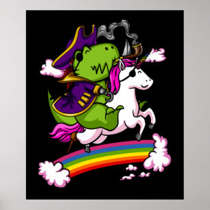 T-Rex Dinosaur Pirat Sailor Riding Unicorn Poster