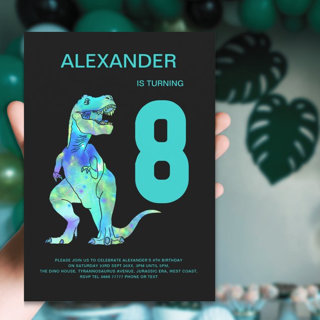 T-Rex Dinosaur Pojkar 8-års födelsedagsfest Inbjudningar (Dinosaur T-Rex boys 8th birthday party invitation modern typography blue teal green dino)
