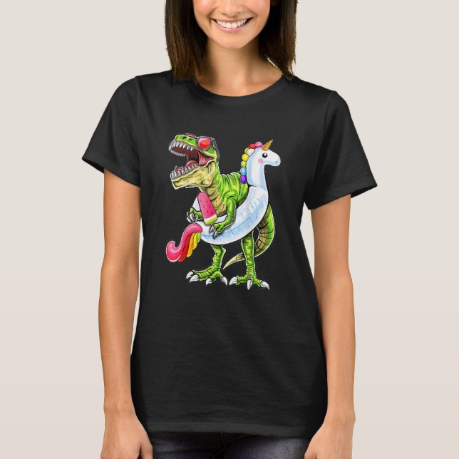 T-Rex-dinosaur ridande enhörning flottör poolparty T Shirt (Framsida)