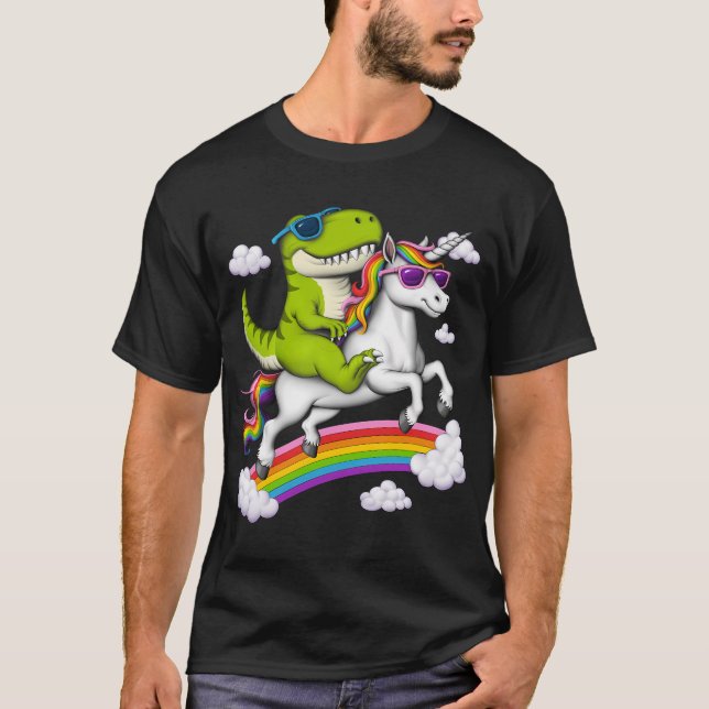 T-Rex-dinosaur ridande enhörning T Shirt (Framsida)