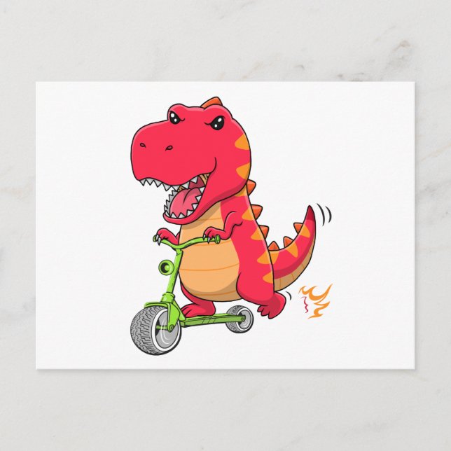 T-rex Dinosaur Riding A Grönt Scooter Vykort (Framsida)