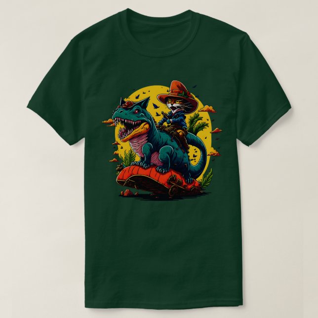 T Rex Dinosaur Riding Cat 1 Shirt (Design framsida)