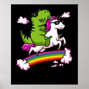 T-Rex Dinosaur Riding Magic Unicorn Rainbow Poster