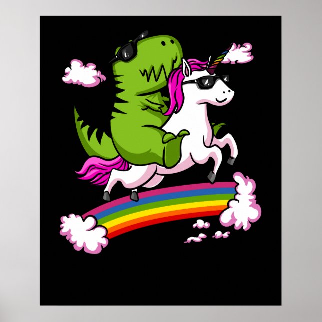 T-Rex Dinosaur Riding Magic Unicorn Rainbow Poster (Framsidan)