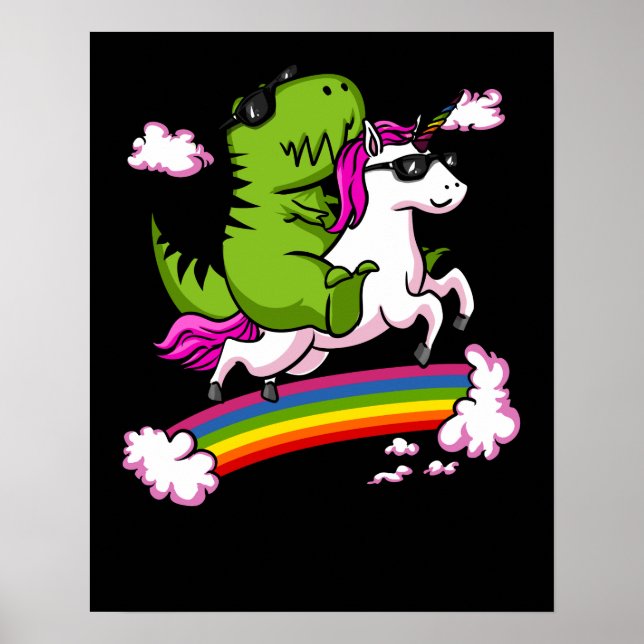 T-Rex Dinosaur Riding Magic Unicorn Rainbow Poster (Framsidan)