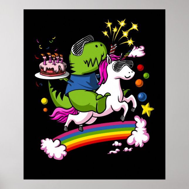 T-Rex Dinosaur Riding Unicorn Födelsedagsfest Poster (Framsidan)