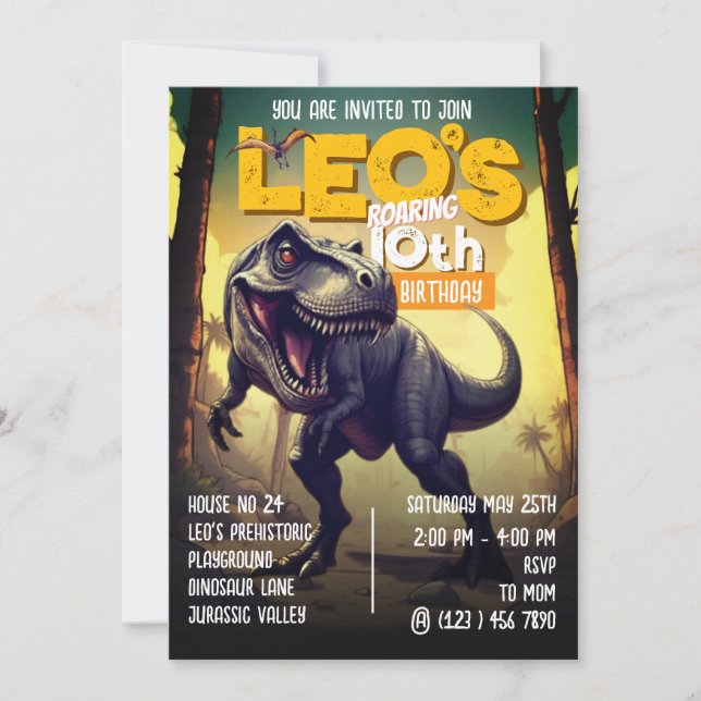 T Rex Dinosaur rytande 10-års födelsedagsfest Inbjudningar (Framsida)
