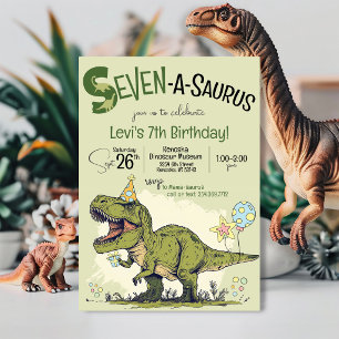 T-Rex Dinosaur Sju-A-Saurus 7-års födelsedagsfest Inbjudningar