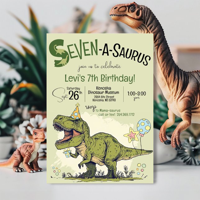 T-Rex Dinosaur Sju-A-Saurus 7-års födelsedagsfest Inbjudningar (Cute Cartoon T-Rex funny Dinosaur Seven-A-Saurus boy seventh kids 7th birthday party invitation)