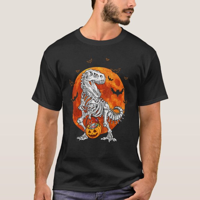 T Rex Dinosaur Skelett Halloween Godis Pumpa Shirt (Framsida)