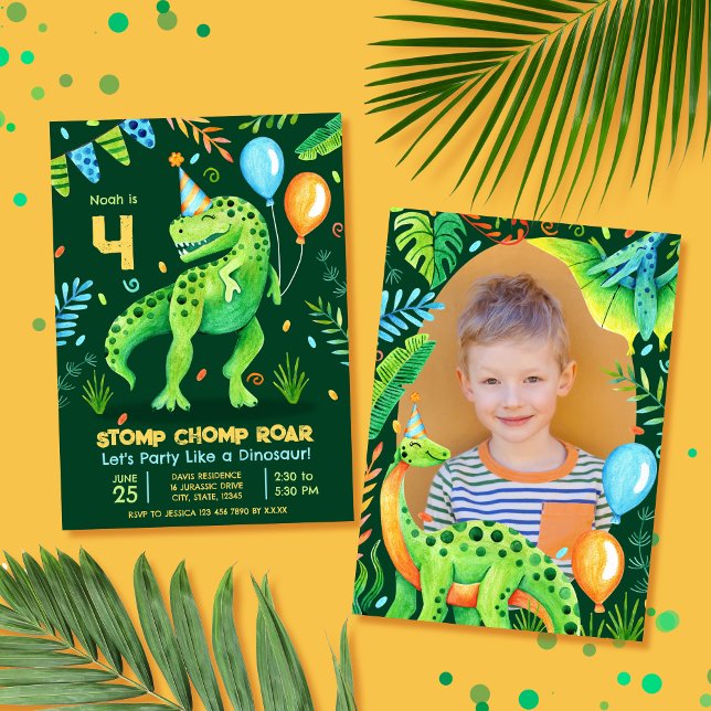 T Rex Dinosaur Stomp Chomp Roar Boy Photo Birthday Inbjudningar (T Rex Dinosaur Stomp Chomp Roar Boy Photo Birthday Invitation)