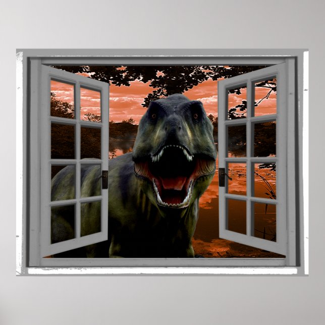 T-Rex Dinosaur Sunset View Faux-fönster Poster (Framsidan)
