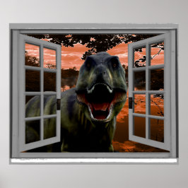 T-Rex Dinosaur Sunset View Faux-fönster Poster