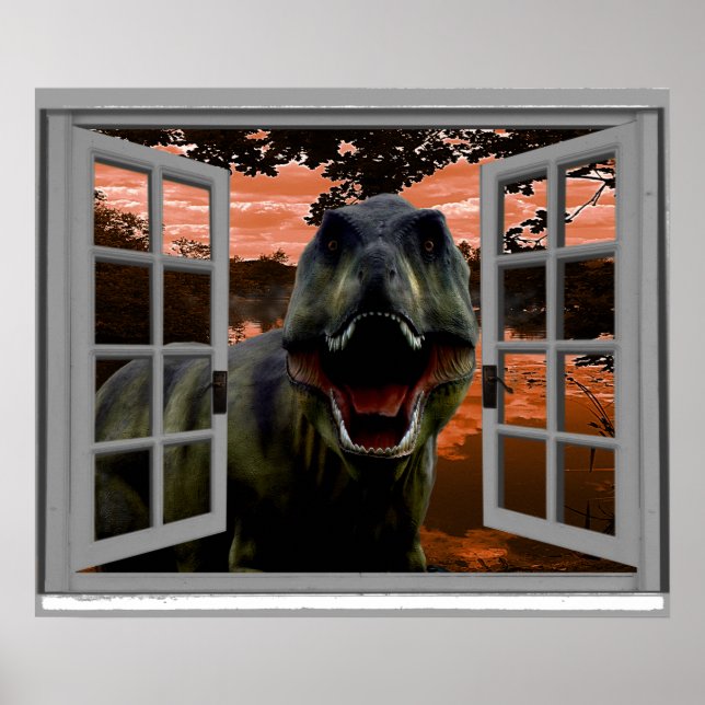 T-Rex Dinosaur Sunset View Faux-fönster Poster (Framsidan)