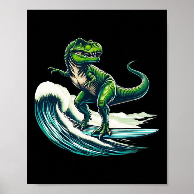 T-rex Dinosaur Surfing Surfar Surfbräda Present Fö Poster (Framsidan)