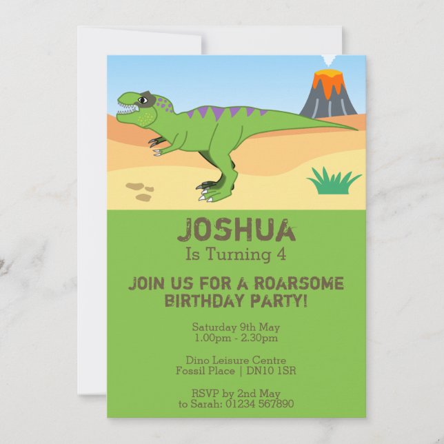 T-Rex Dinosaur & Vulkan 4-års Födelsedagsfest Inbjudningar (Framsida)